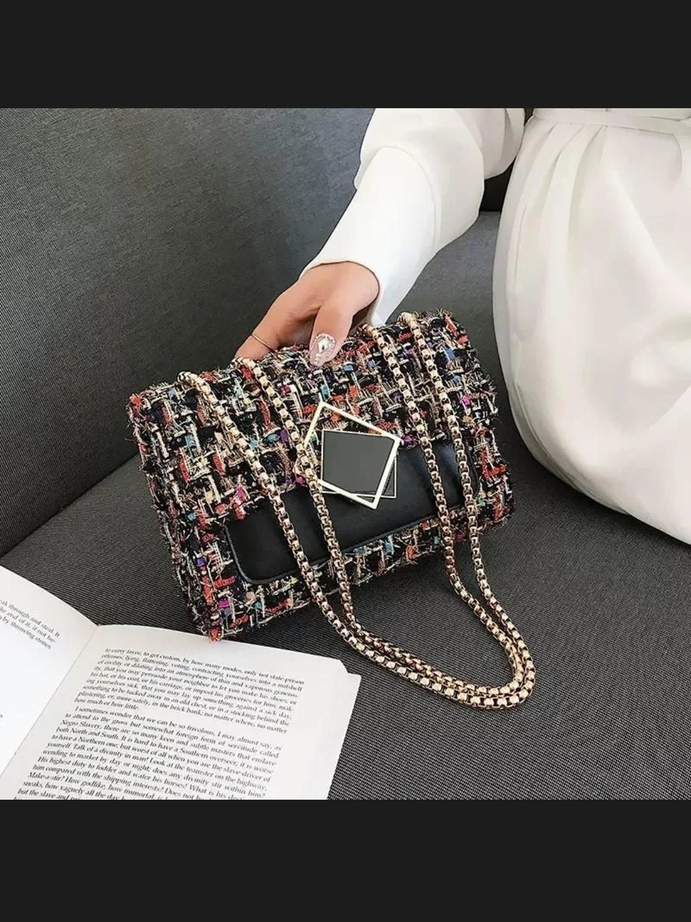 Multicolor Tweed Chain Shoulder Bag
